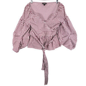 Express Striped Puff Sleeve Peplum Blouse Top Womens Size M Maroon and White